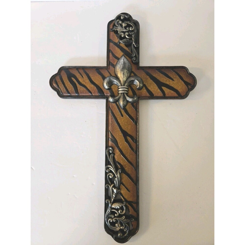 Ornate Fleur De Lis Wall Cross Rustic Tiger Stripe Animal Print Resin Decor 15"